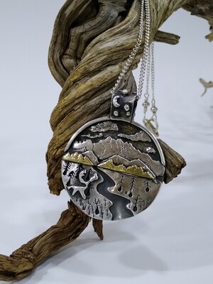 "Mountain scene" handmade sterling silver and 18 carat yellow gold pendant