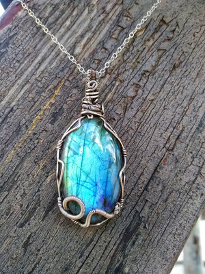 Labradorite Oval Gemstone Sterling Silver Wire Wrapped Pendant