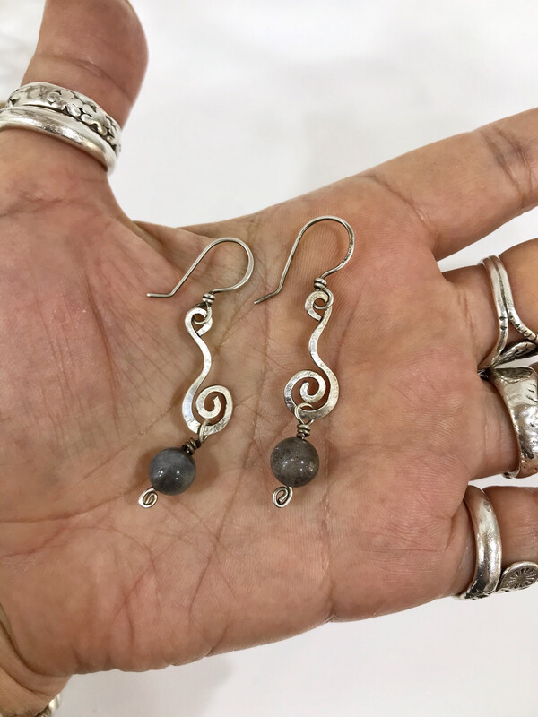 Long Dangle Labradorite Sterling Silver Spiral Earrings