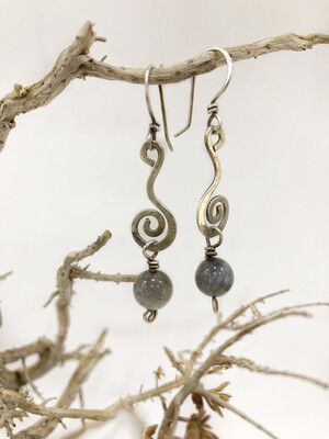 Long Dangle Labradorite Sterling Silver Spiral Earrings