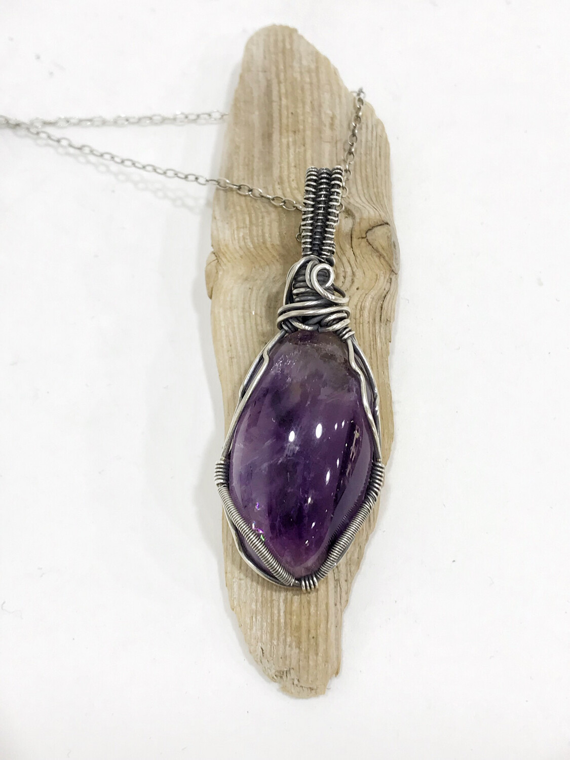 Amethyst “Purple Stone” Cabochon Gemstone Sterling Silver Wire Wrapped Pendant