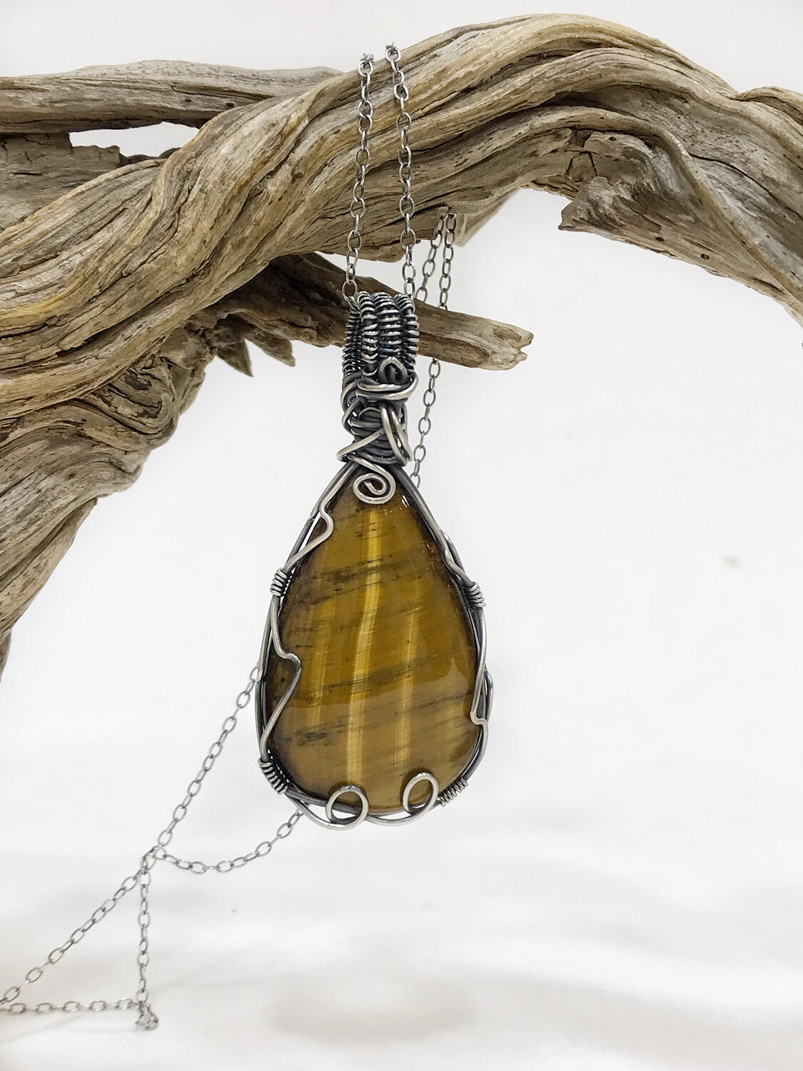 Tiger eye Gemstone Sterling Silver Wire Wrapped Pendant