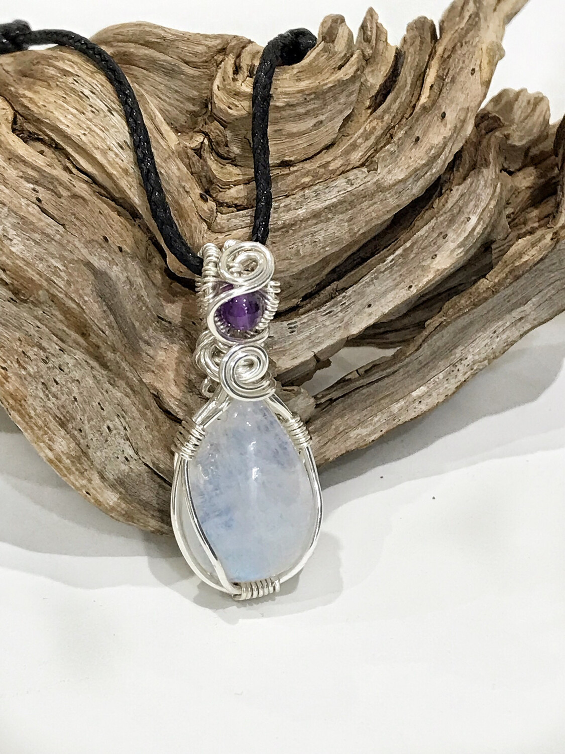 Rainbow Moonstone Cabochon Gemstone Sterling Silver Wire Wrapped Pendant