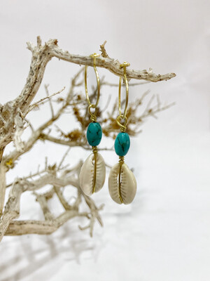 Cowrie Shell Earrings With Turquoise Oval Beads