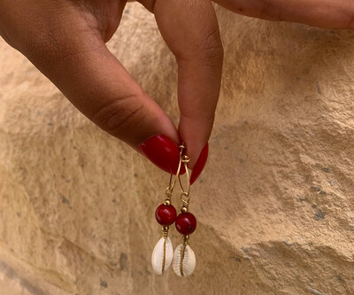 Cowrie Shell Earrings With Coral Beads