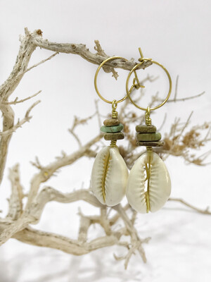 Cowrie Shell Earrings With Green Turquoise Chips