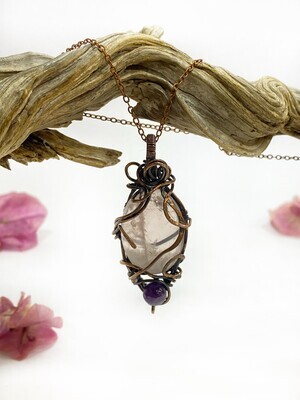 Rose Quartz, and Amethyst pendant in tarnished copper