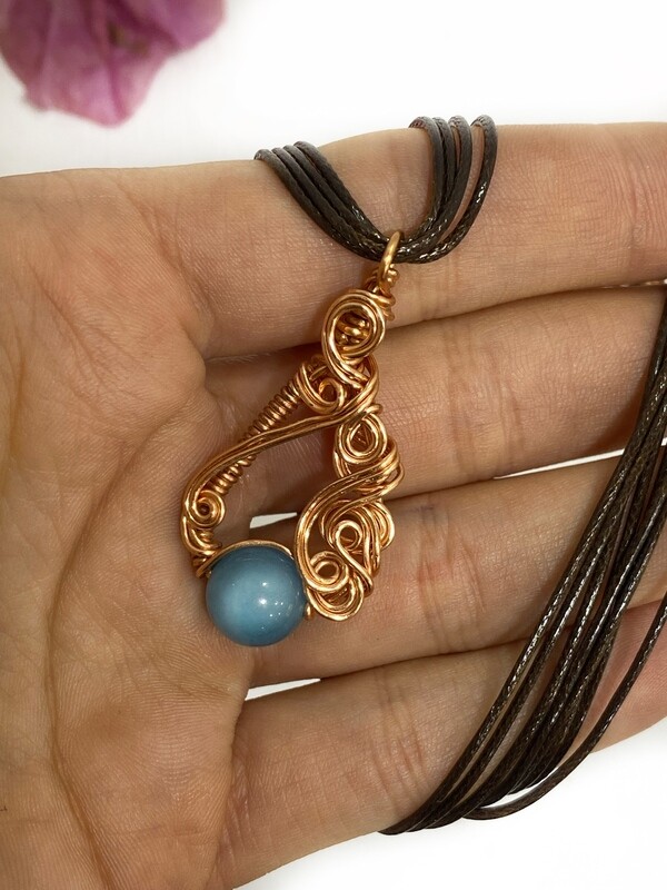 Gemstone Blue Quartz Spiral Pendant In Tarnish Resistant Copper