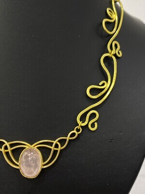 Oriental inspired rose quartz brass necklace