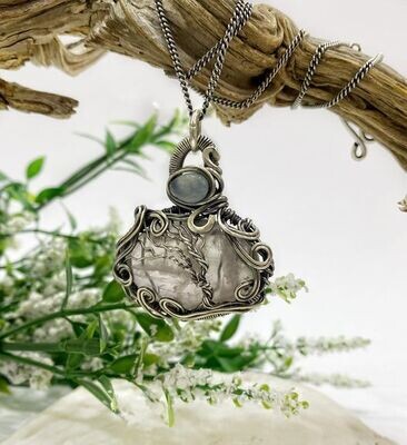 Tree of Life pendant in 925 Sterling Silver made with a large Rose Quartz stone and a small Aquamarine stone on top