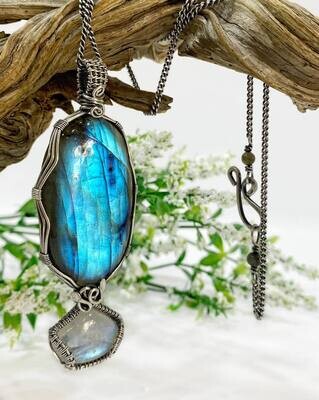 Brilliant Labradorite Stone And Rainbow Moonstone Wrapped in Sterling Silver Wire