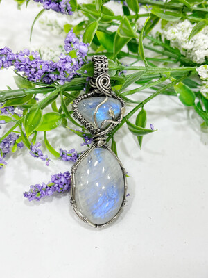 Double Rainbow Moonstone Wire Wrapped Pendant In Sterling Silver