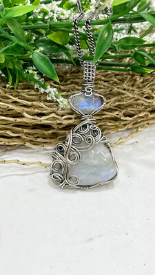 Double Rainbow Moonstone Wire Wrapped Pendant In Sterling Silver