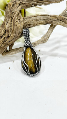 Unisex Tiger eye Gemstone Sterling Silver Wire Wrapped Pendant