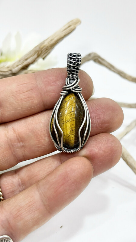 Unisex Tiger eye Gemstone Sterling Silver Wire Wrapped Pendant