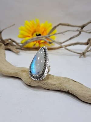 Rainbow moonstone drop shape sterling silver ring