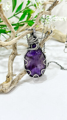 Amethyst “Purple Stone” Cabochon Gemstone Sterling Silver Wire Wrapped Pendant