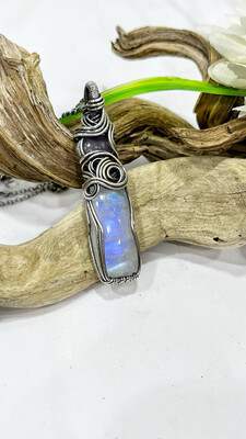 Rainbow Moonstone Gemstone Sterling Silver Wire Wrapped Pendant