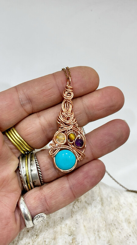 Blue Turquoise Bead Wire Wrapped In Tarnish Resistant Copper