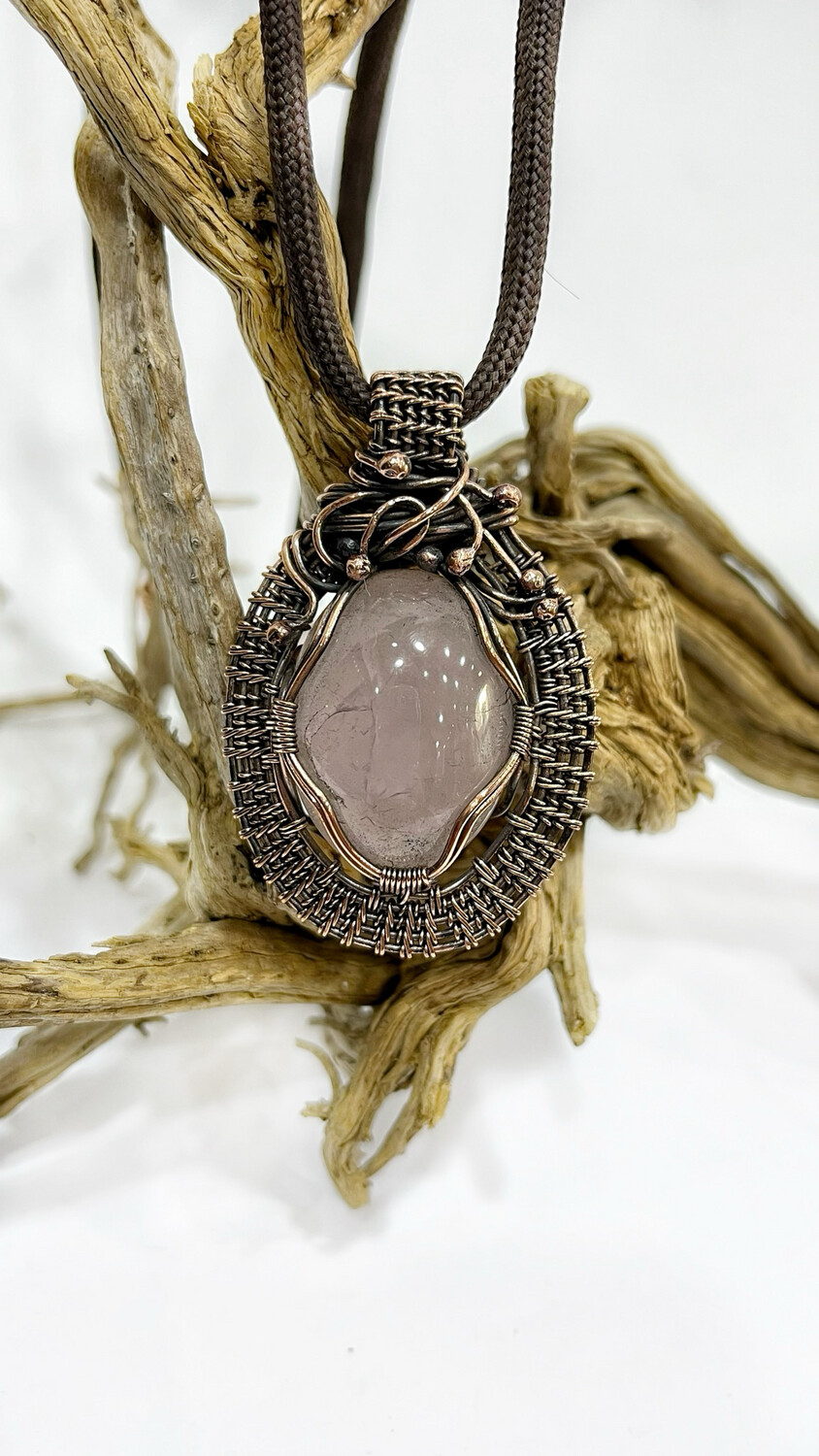 Rose Quartz Necklace in tarnished copper