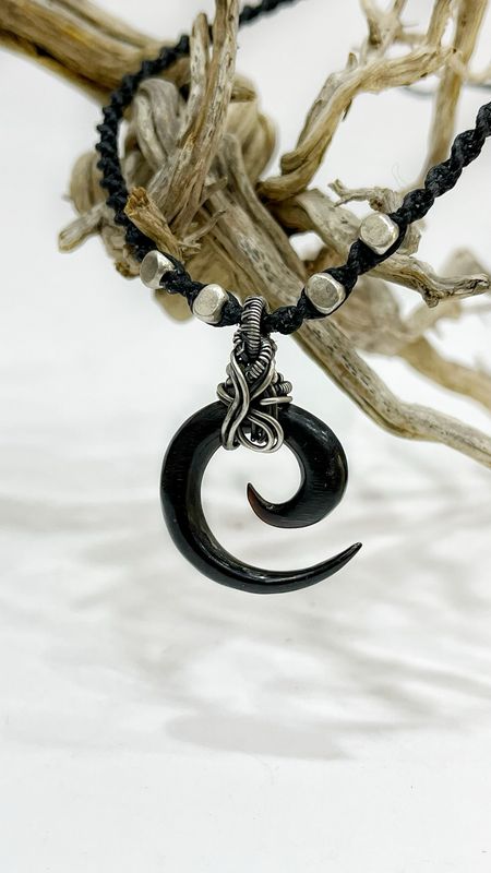 Wire wrapped horn spiral black cotton cord