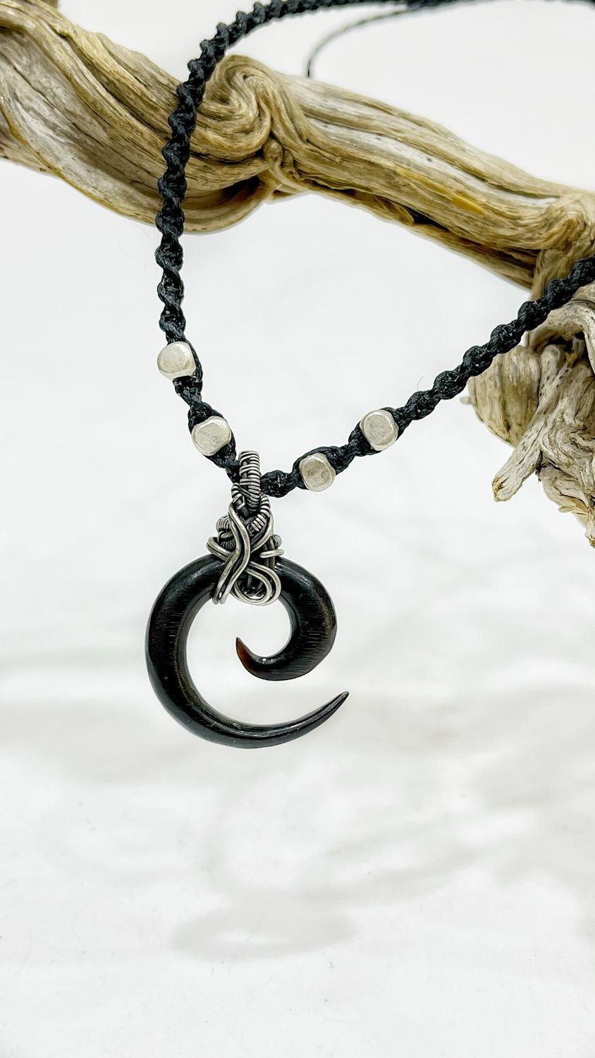 Wire wrapped horn spiral black cotton cord