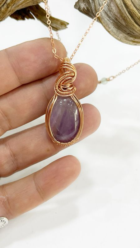 Amethyst Gemstone Handmade Pendant Wire Wrapped In Tarnish Resistant Copper