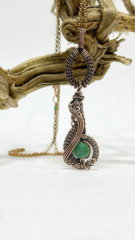 Chrysoprase Bead Handmade Pendant Wire Wrapped in Tarnished Copper