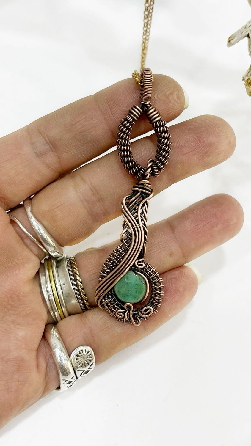 Chrysoprase Bead Handmade Pendant Wire Wrapped in Tarnished Copper