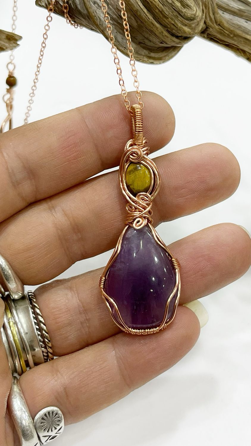 Amethyst And Tiger Eye Wire Wrapped Gemstone Pendant
