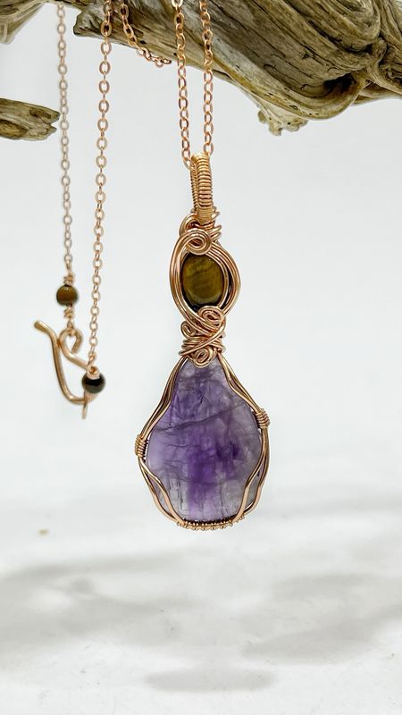 Amethyst And Tiger Eye Wire Wrapped Gemstone Pendant