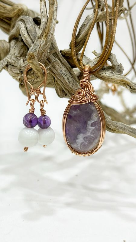 Chevron Amethyst Pendant Wire Wrapped Handmade Necklace