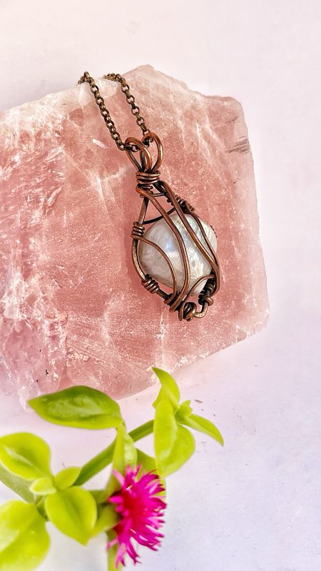 Rainbow Moonstone Pendant Wire Wrapped In Copper