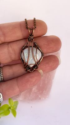 Rainbow Moonstone Pendant Wire Wrapped In Copper