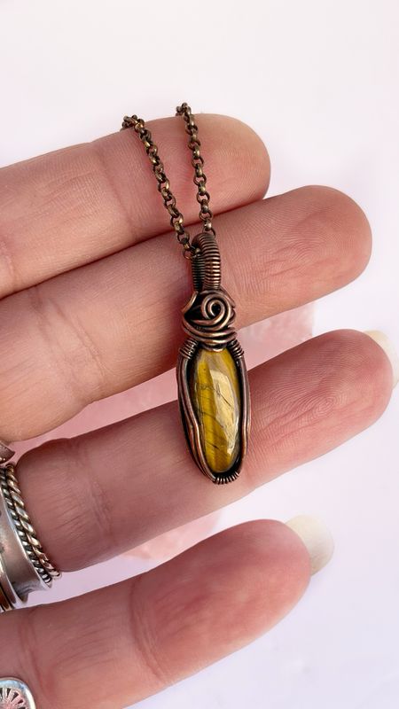 Unisex Tiger Eye Gemstone Wire Wrapped Handmade Pendant