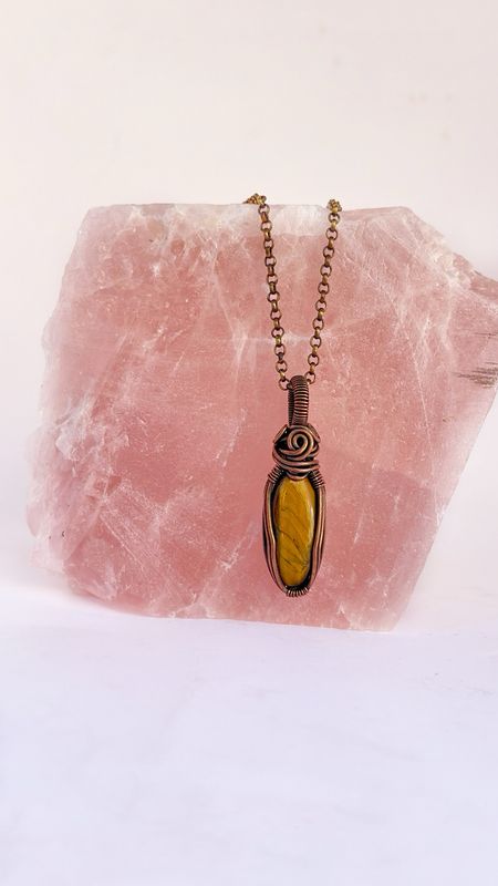 Unisex Tiger Eye Gemstone Wire Wrapped Handmade Pendant