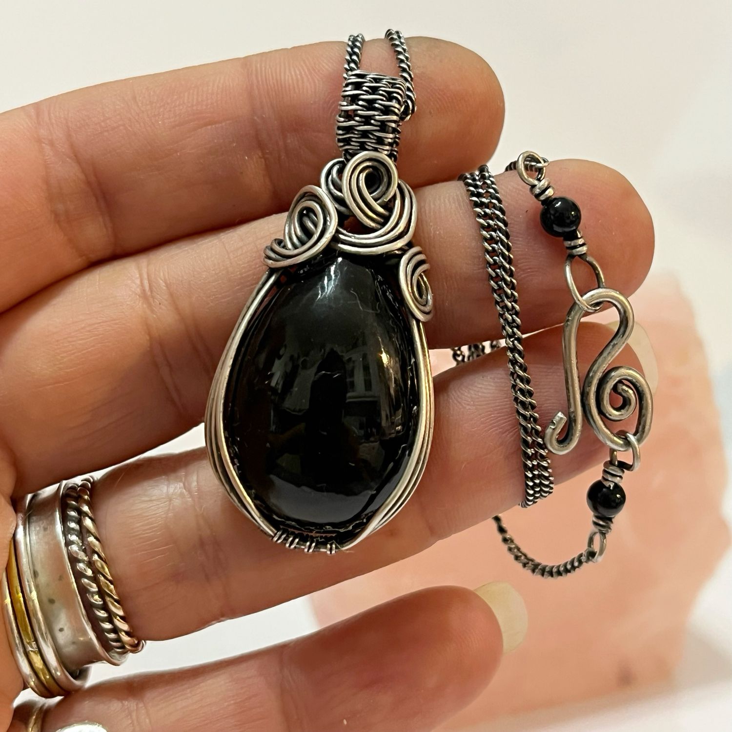 Rainbow Obsidian Gemstone Wire Wrapped In Sterling Silver