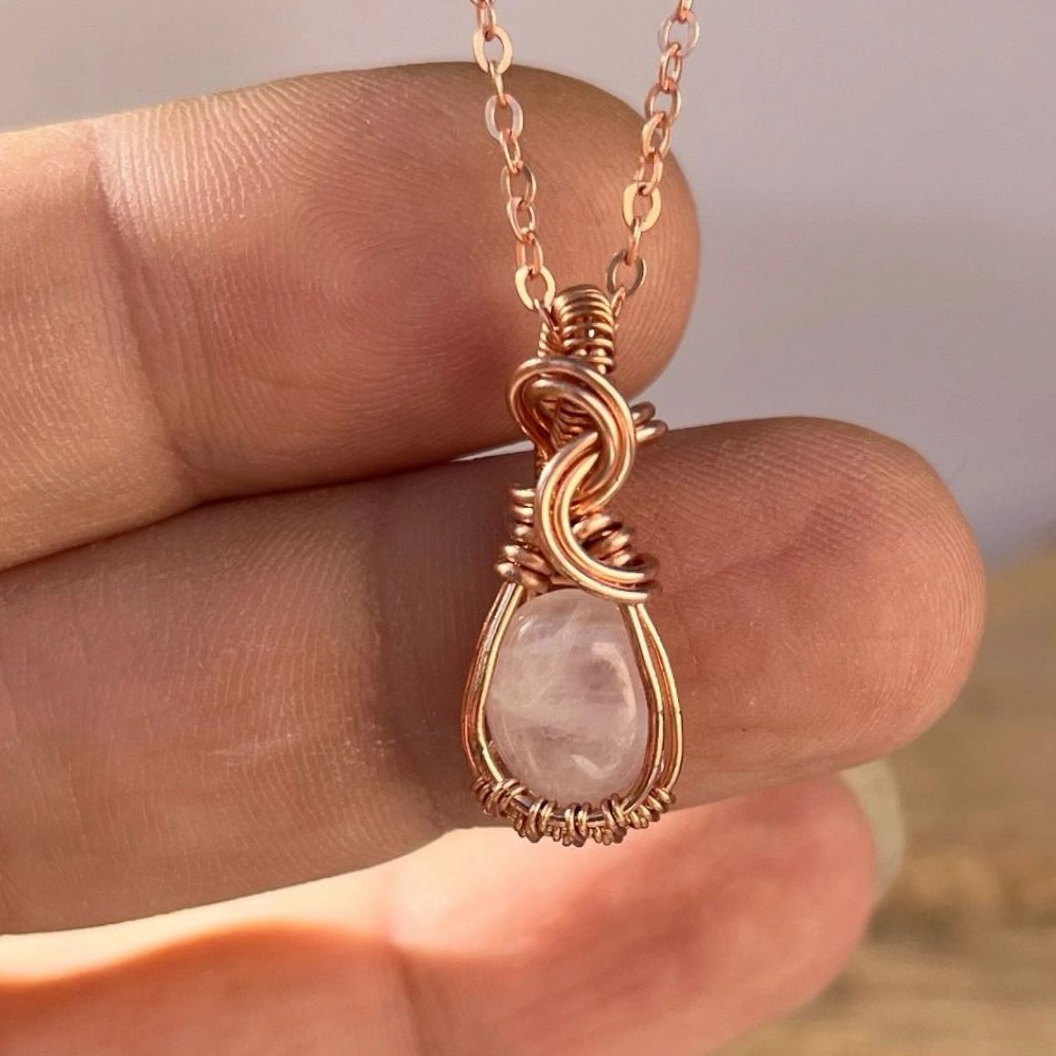 Rose Quartz  Necklace Handmade In Copper