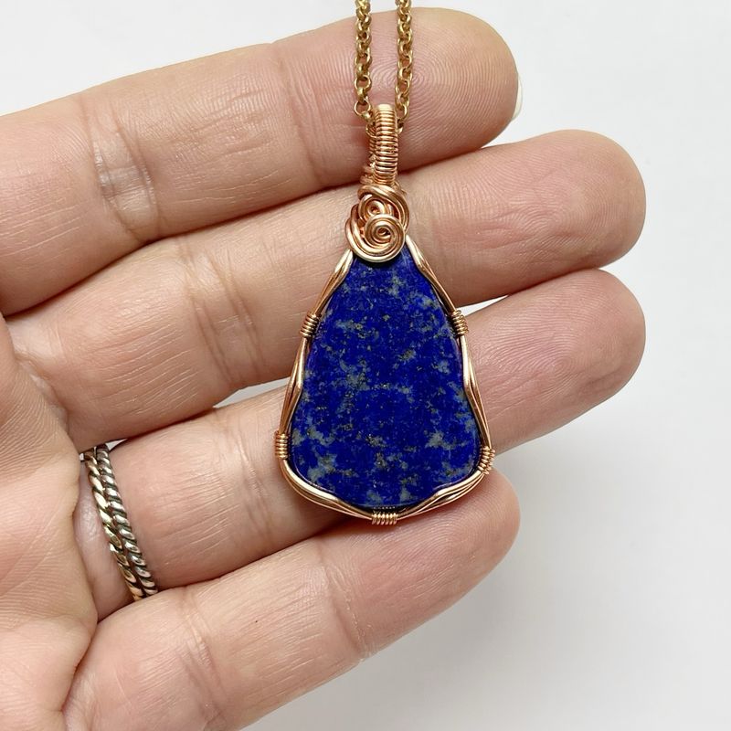 Lapis Lazuli Gemstone Pendant Wire Wrapped In Tarnish Resistant Copper
