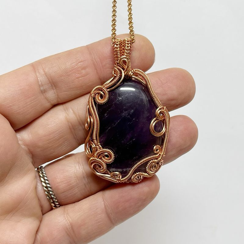 Amethyst Gemstone Handmade Pendant Wire Wrapped In Tarnish Resistant Copper