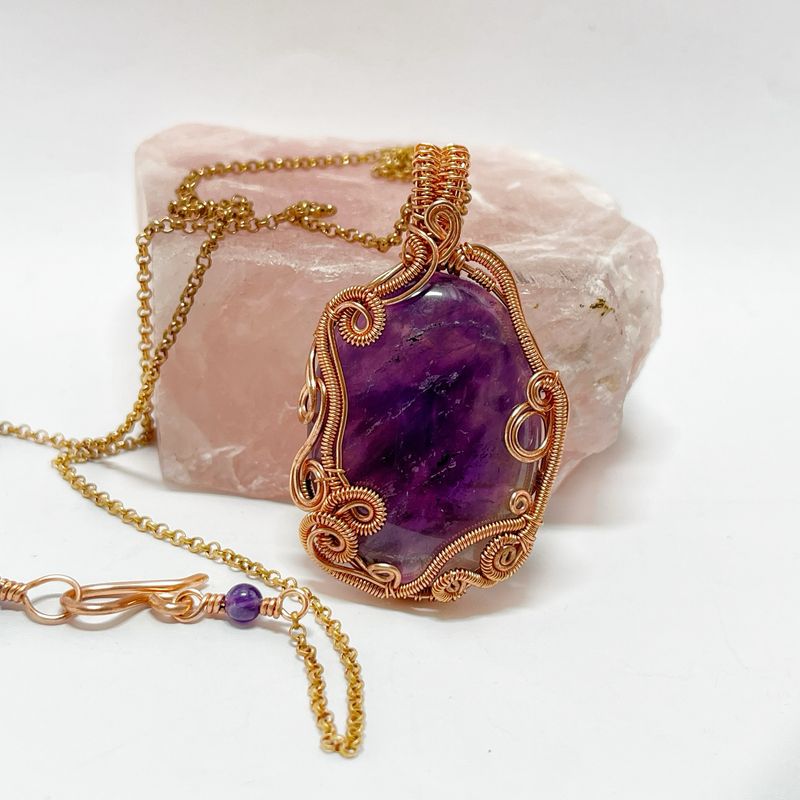 Amethyst Gemstone Handmade Pendant Wire Wrapped In Tarnish Resistant Copper