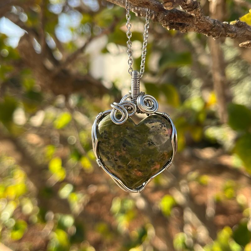 Unakite Heart Stainless Steel Pendant
