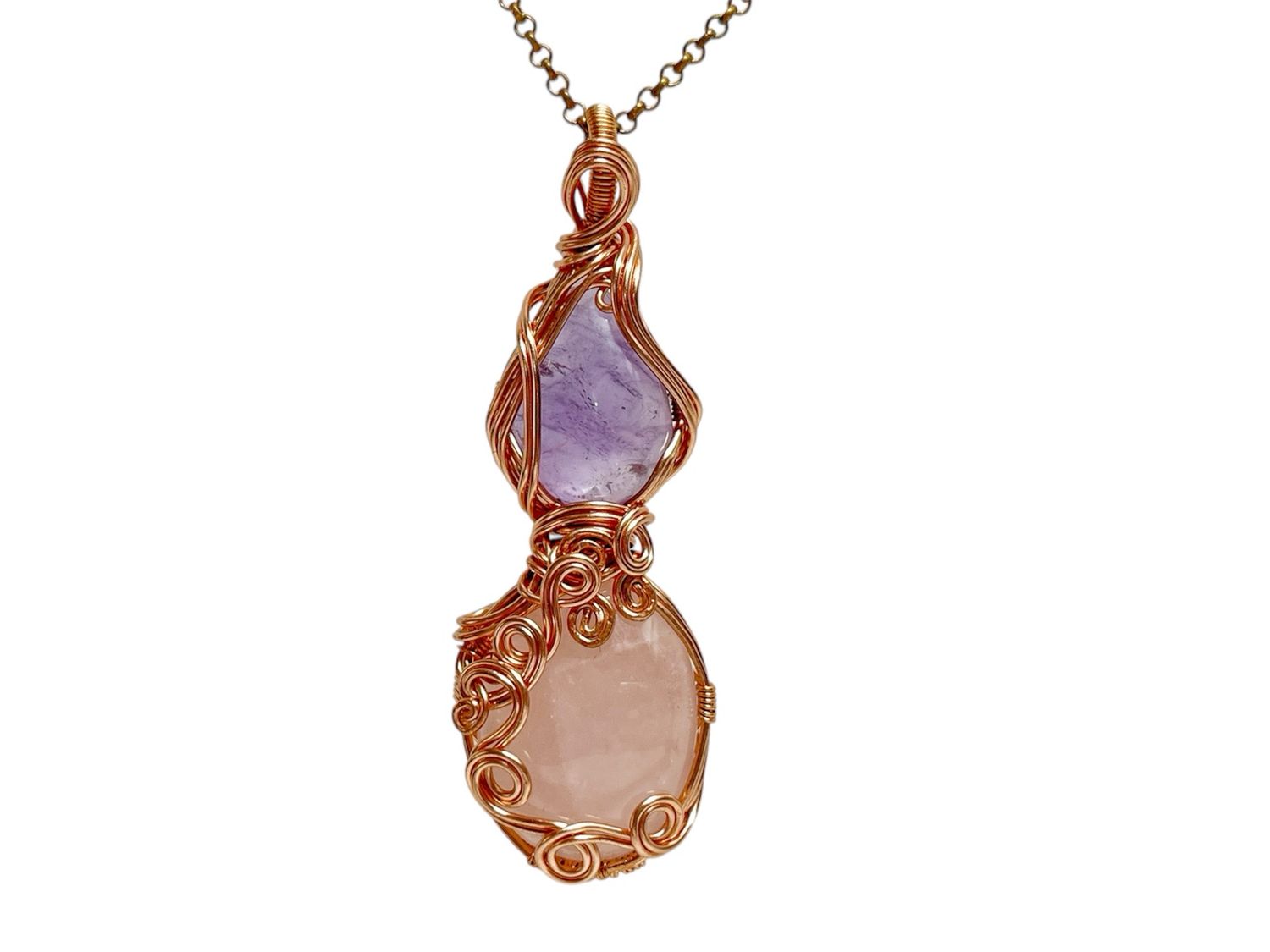 Rose Quartz And Amethyst Necklace Elegantly Entwined In Copper
