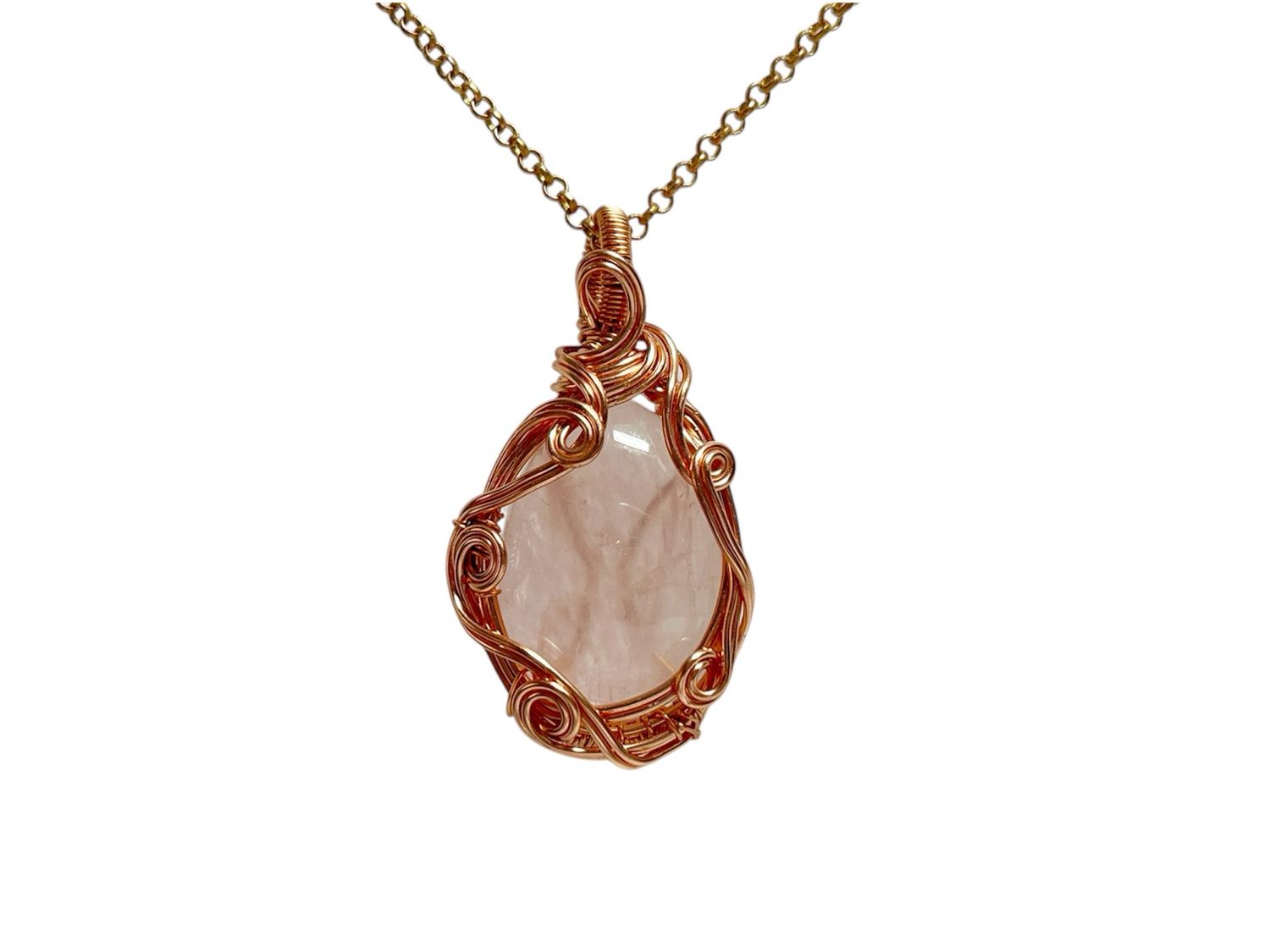 Rose Quartz  Wire Wrapped Pendant In Non Tarnish Copper