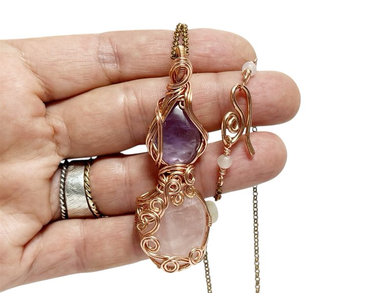 Rose Quartz And Amethyst Necklace Elegantly Entwined In Copper