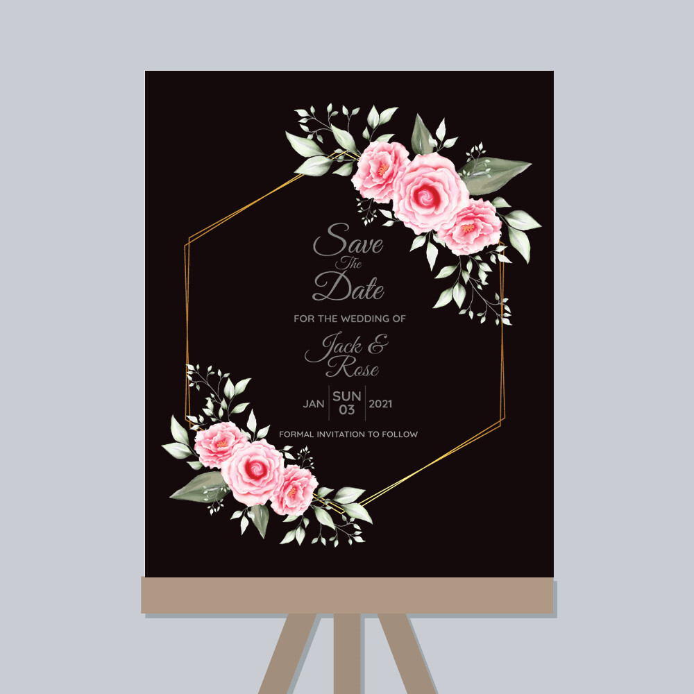 Digital File Watercolor Floral Cards Template With Geometric Golden Hand Drawing Flower And Save The Date Multipurpose