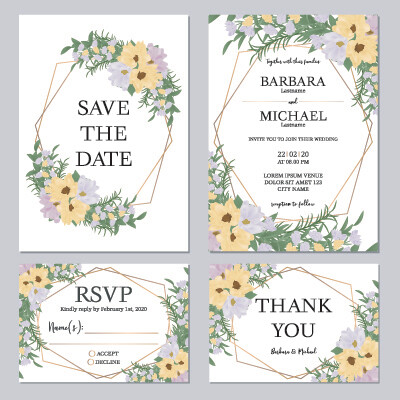 Digital File Floral Wedding Invitation Set Template With Yellow And Purple Flower Bouquet