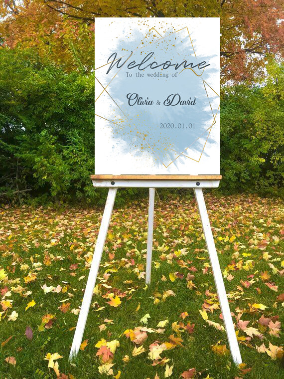 Digital File blue wedding luxury gold border Wedding welcome sign