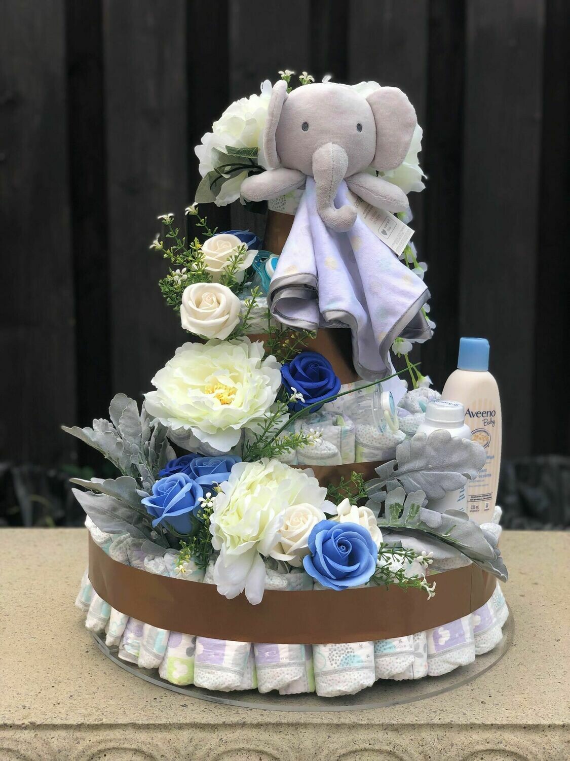 4 Tier, Blue Elephant Diaper Cake for Baby Boy, Diaper Cake Centerpiece, Baby Boy Diaper Cake