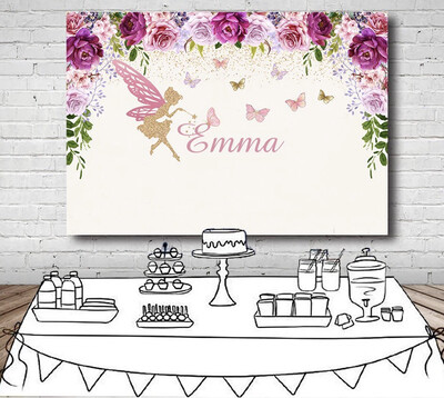 ink Purple Flowers Photography Backdrop Custom Text Fairy Butterfly Girls Birthday Party Backgrounds Photo 